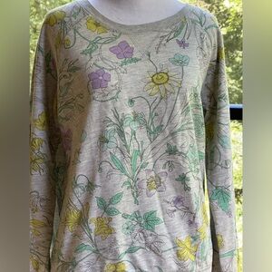 Garden Girl Floral Heather Gray Crew Neck Long Sleeve Sweatshirt French Terry ~M
